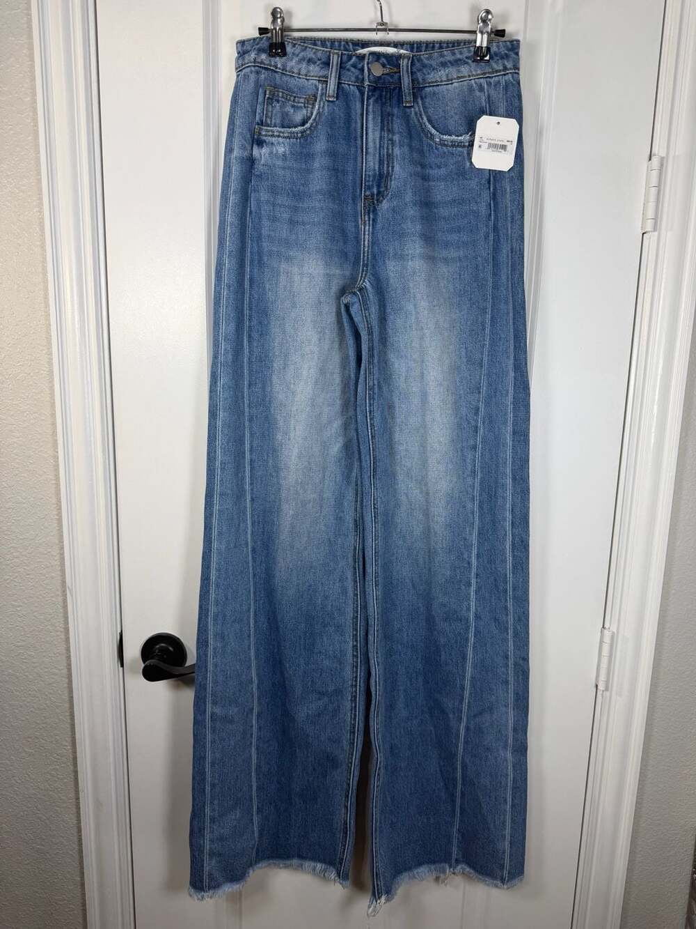 Altar'd State High Waisted Medium Wash Wide Leg Jeans with Raw Hem